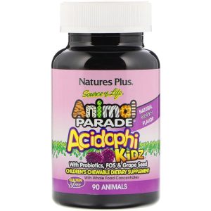 Пробіотики для дітей, AcidophiKidz, Nature’s Plus, Animal Parade, вишневий смак, 90 жувальних цукерок у формі тварин