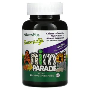 Мультивітаміни та мінерали для дітей, виноград, Children’s Chewable Multi-Vitamin & Mineral, Nature’s Plus, Animal Parade, 90 жувальних таблеток у вигляді тварин